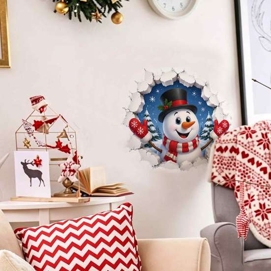 Holiday Window Clings 3D Christmas Wall Stickers, Self?Adhesive PVC Decals, Reindeer Santa Store Gingerbread Snowman Xmas Decor for Bedroom
