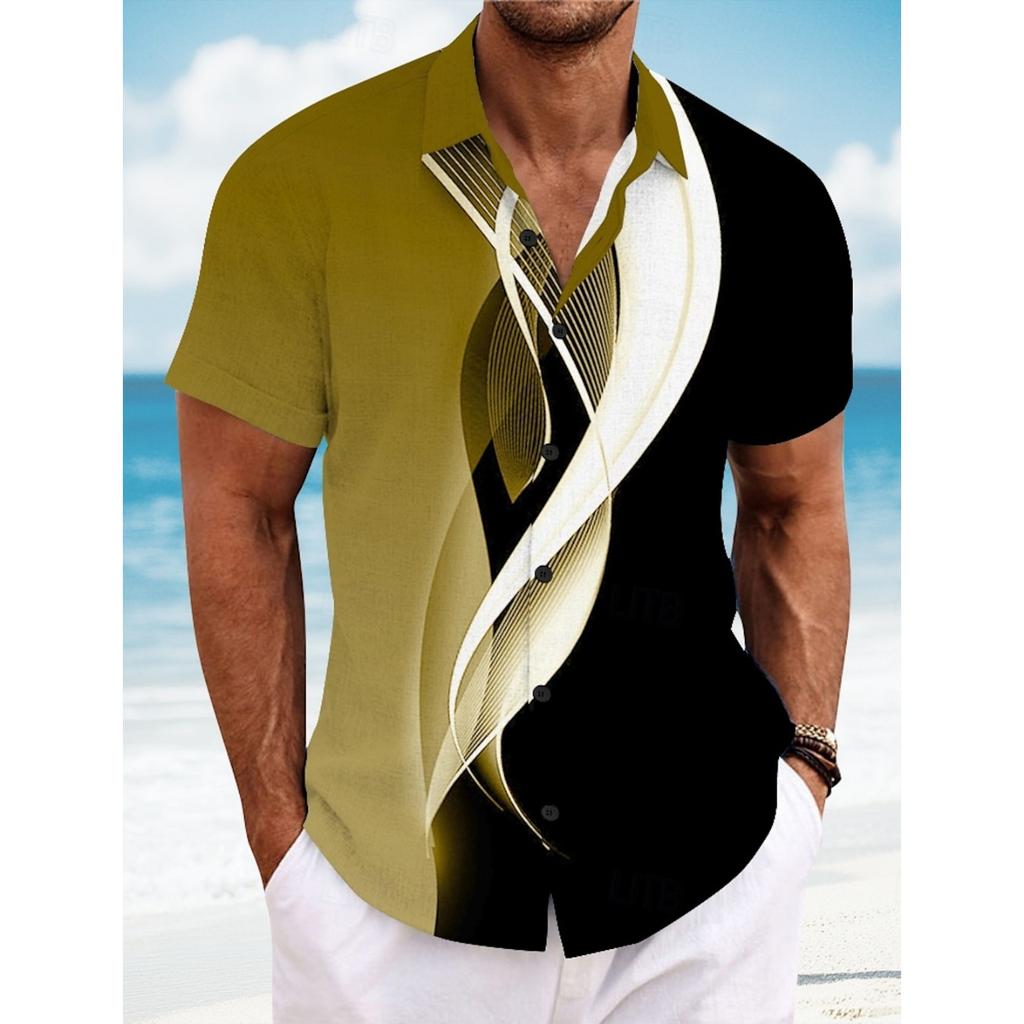 2026 Summer Men's Geometric Line Abstract Art Shirts Short Sleeve Tops Casual Shirts Turndown Casual