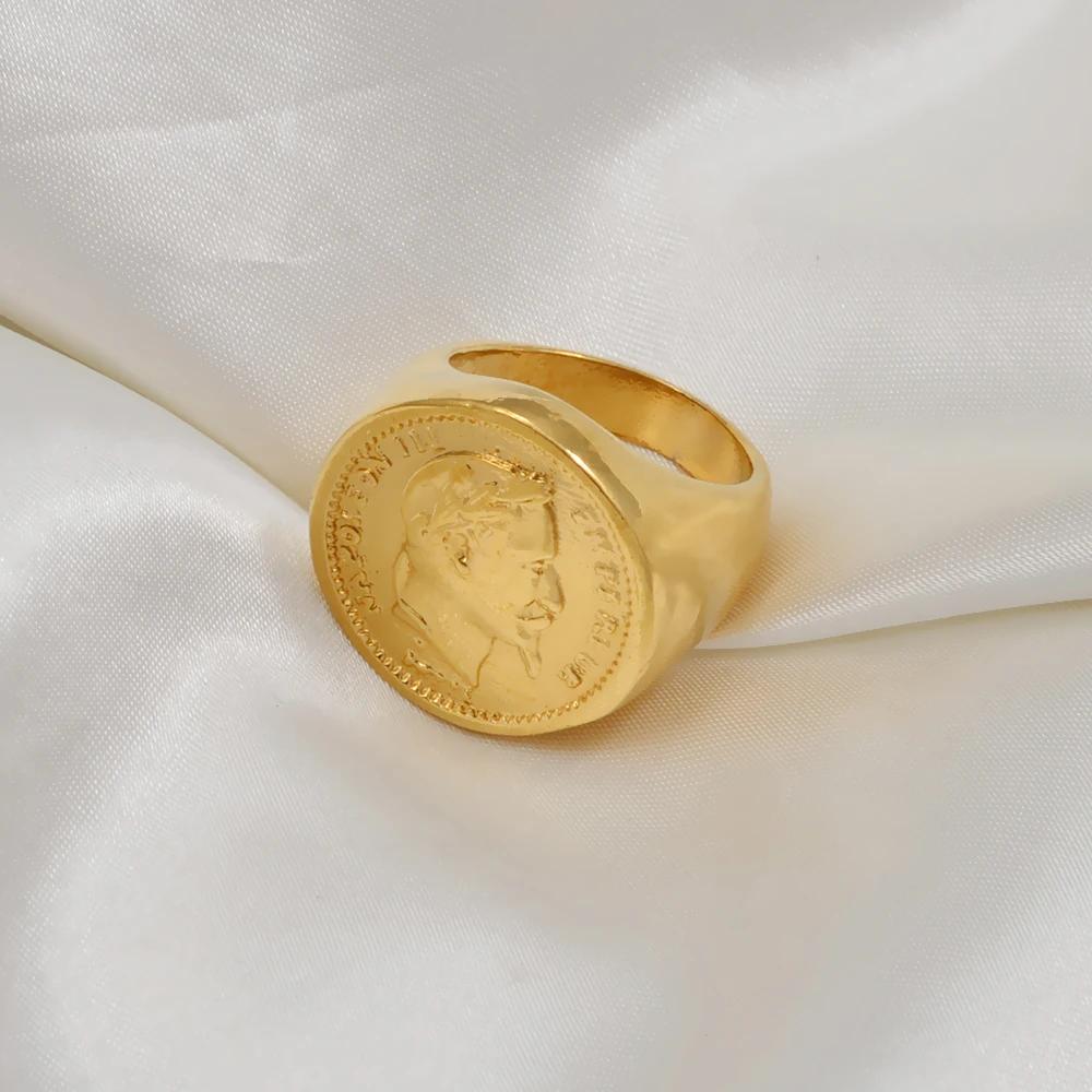 Anniyo Napoleon III Empereur Coin Ring Gold Plated Metal Ring for Women Men,French African Arab Turkey Wedding Jewelry #097106