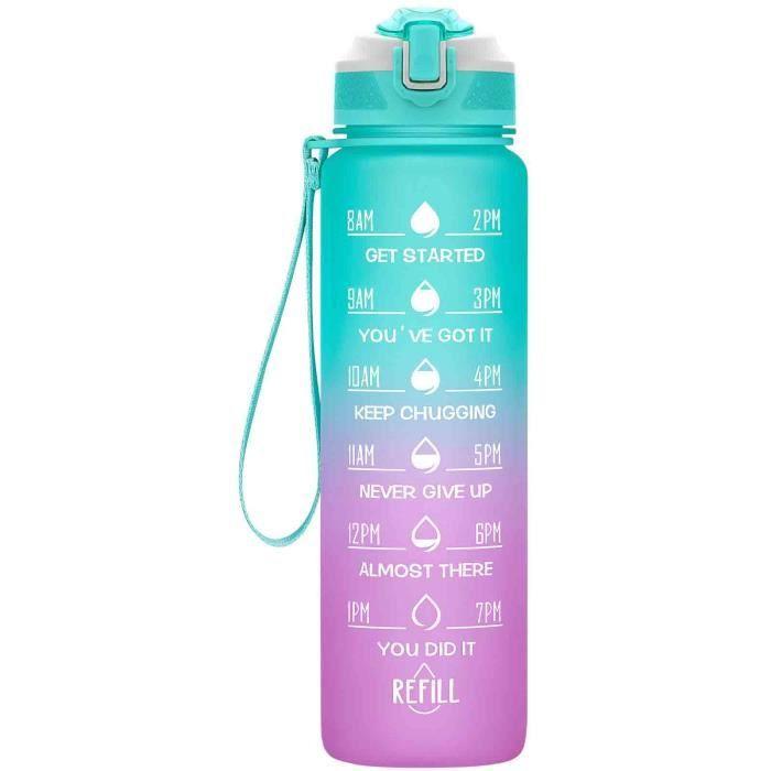 Gourde de Sport Bouteille d'eau 1000ml, ABS 100% sans BPA, fermeture étanche, marqueur de temps, vert et violet