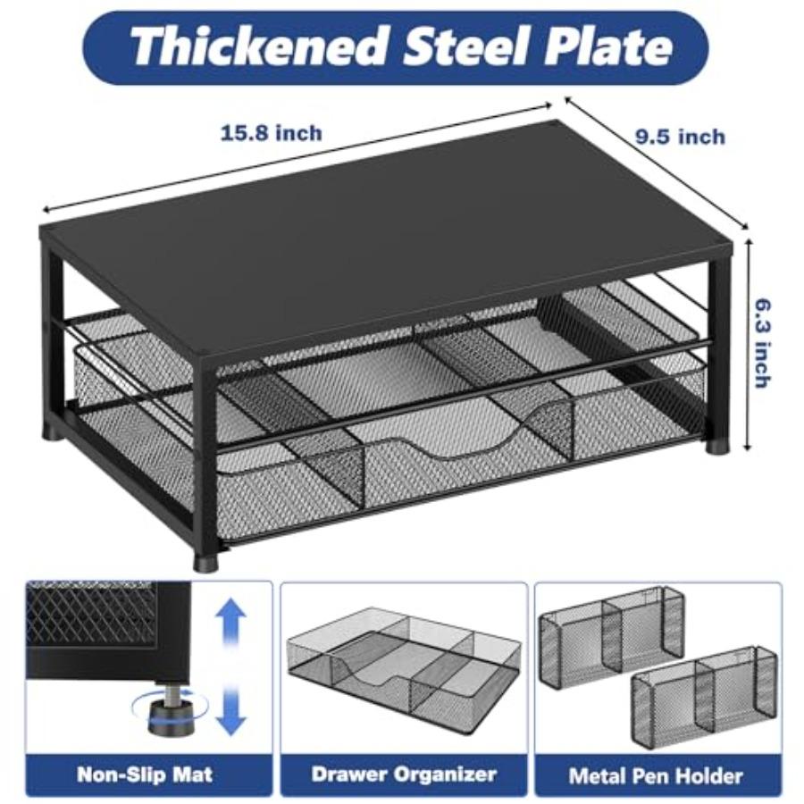 Desk Organizer and Accessories 2-Tier Computer Monitor Stand Riser with Drawer and 2 Pen Holders Laptop Stand Office Desk Acces