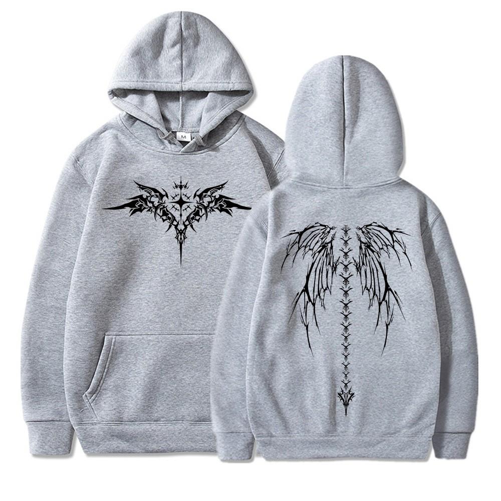 Cool Y2k wing front and back printed hoodie for men and women with long sleeves and plush, fashionable street style hoodie