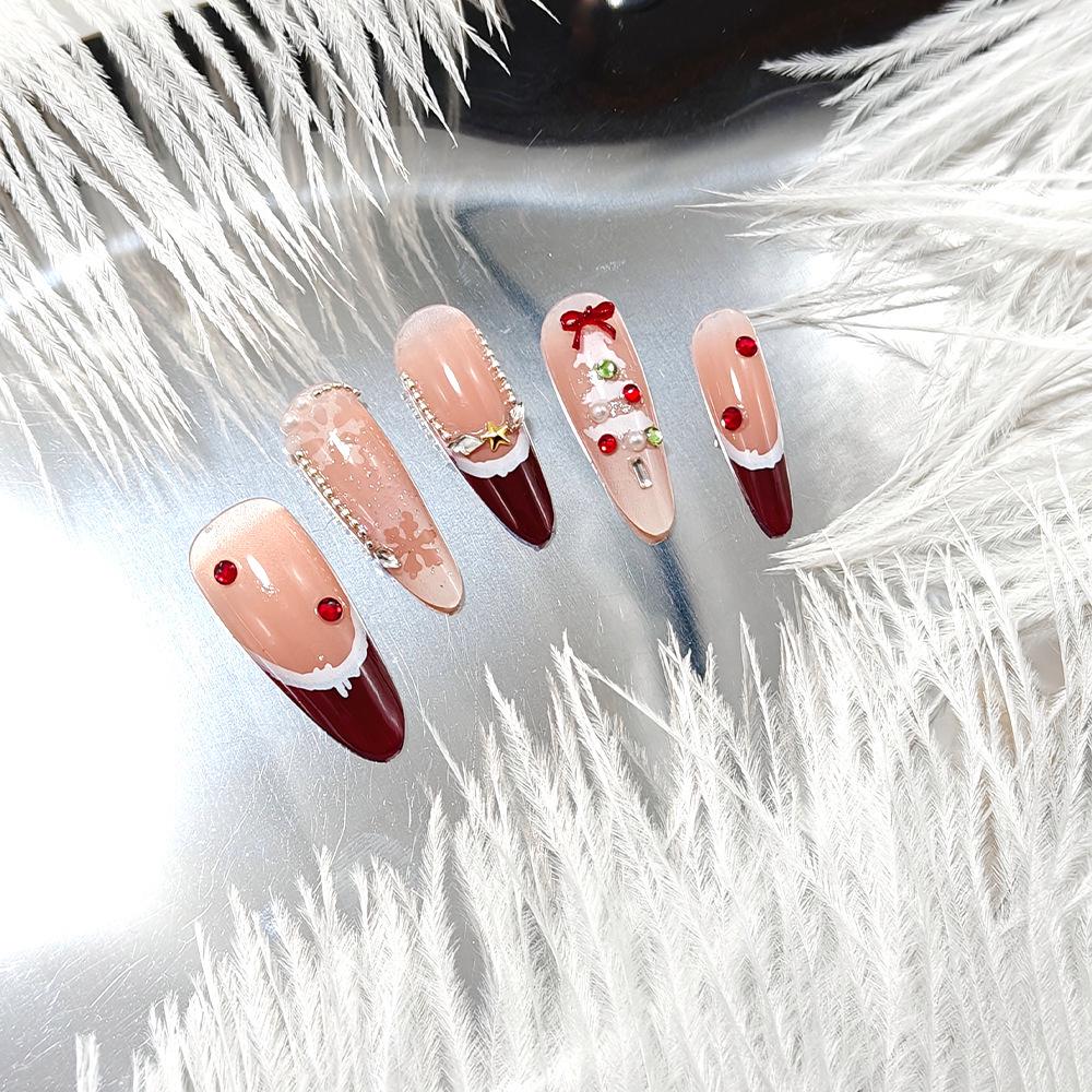 Festive French Press-on Nails - Christmas Tree, Bow Knot, Pearl, Rhinestone Design