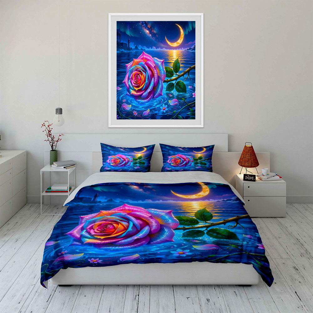 Colorful Rose, Night Sky. Print Bedding Set 1 Duvet Cover 2 Pillowcases For Adult And Children Luxury Gift Full Size