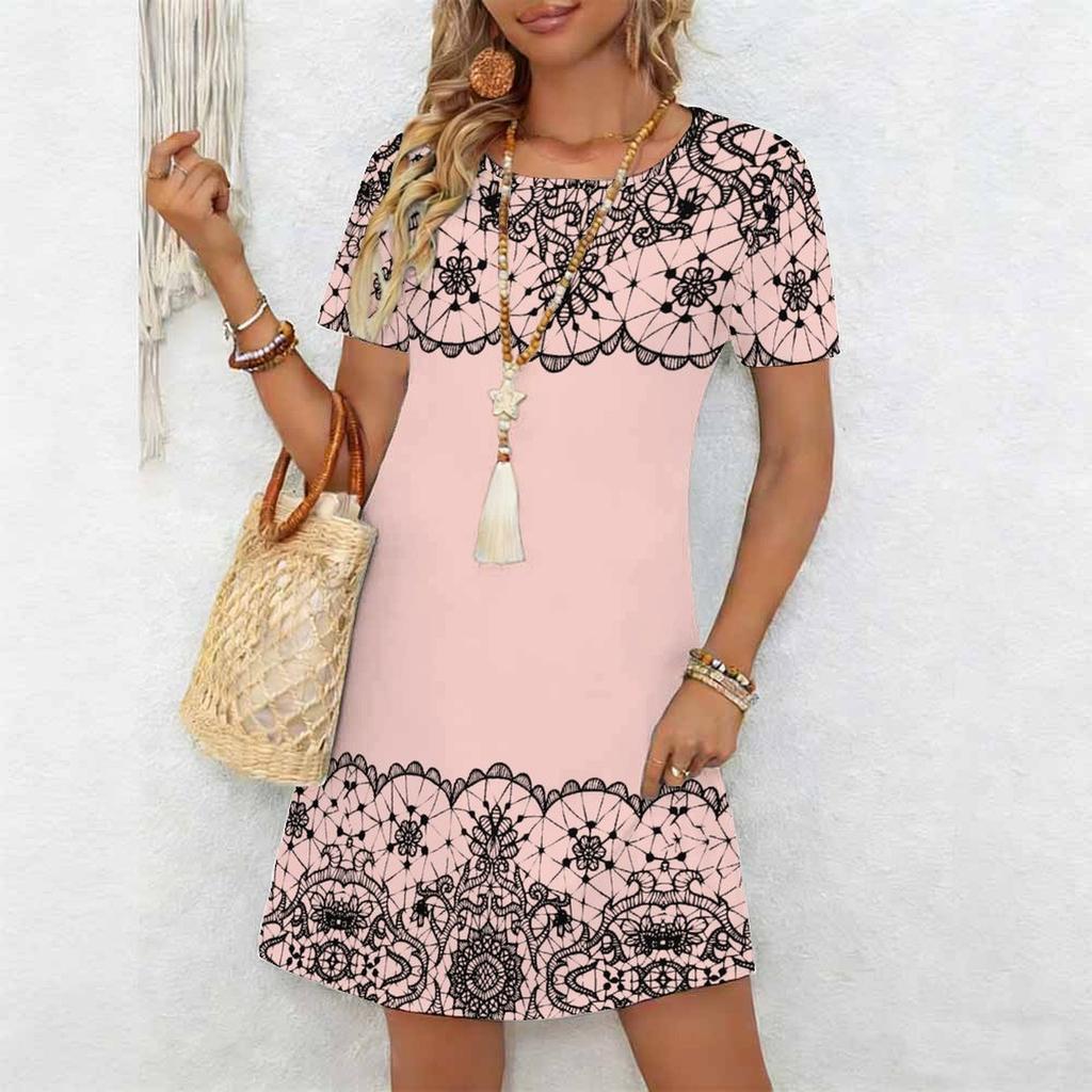 Moda Donna Grazioso Bellissimo Stampa Fiori e Erba Estate Primavera Manica Corta Girocollo Abiti Casual