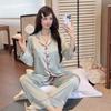 Spring and Autumn Ice Silk Pajamas Women's Long-sleeved Trousers Sweet Age-reducing Korean Cardigan Simple Fashion Loungewear Popular Women
