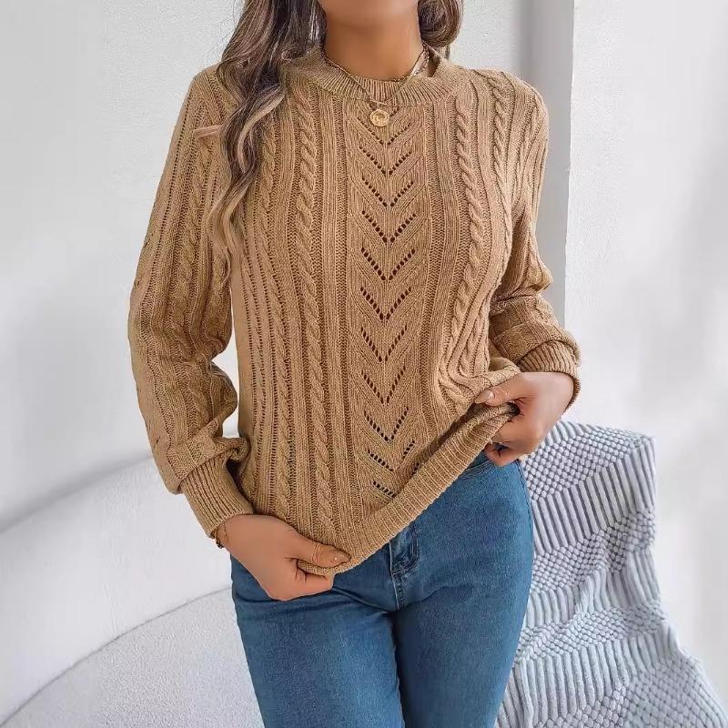 Women Autumn Winter Casual Solid Color Hollow Out Lantern Sleeve Pullover Sweater
