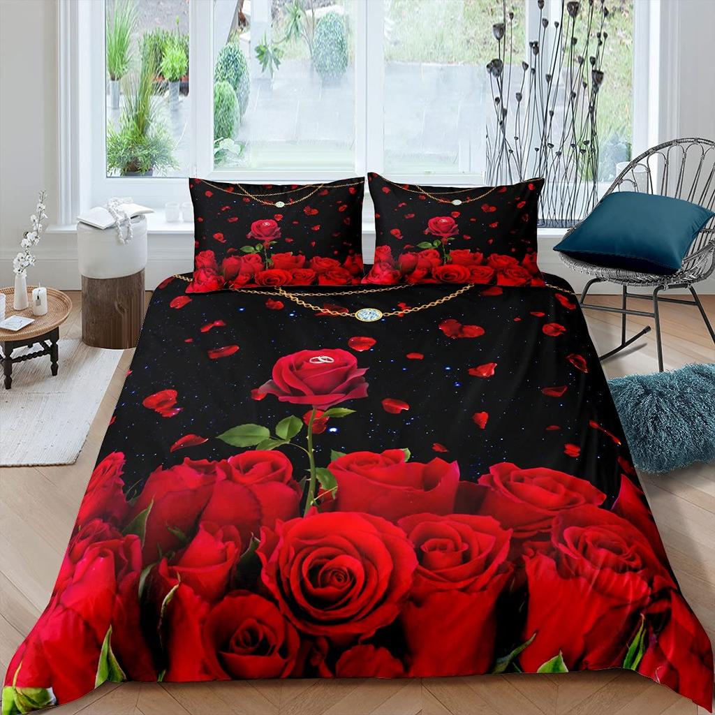 Ensemble Housse de Couette Rose Rouge Ensemble de Literie Imprimé Fleur de Rose Style Romantique Frais Taille King Housse de Couette avec Taies d'Oreiller pour Amoureux