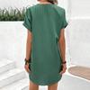Summer Women Dress V-Neckline Button Short Sleeves Comfortable Fit Single Color Pullover Leisure Daily Wear Dating Mini Dress