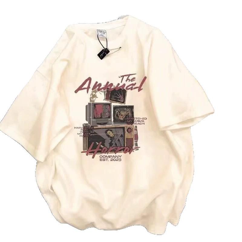 High Street Design Short Sleeve Printed T-Shirt Summer Couple Men's and Women's Cotton Loose Heavy Top Versatile