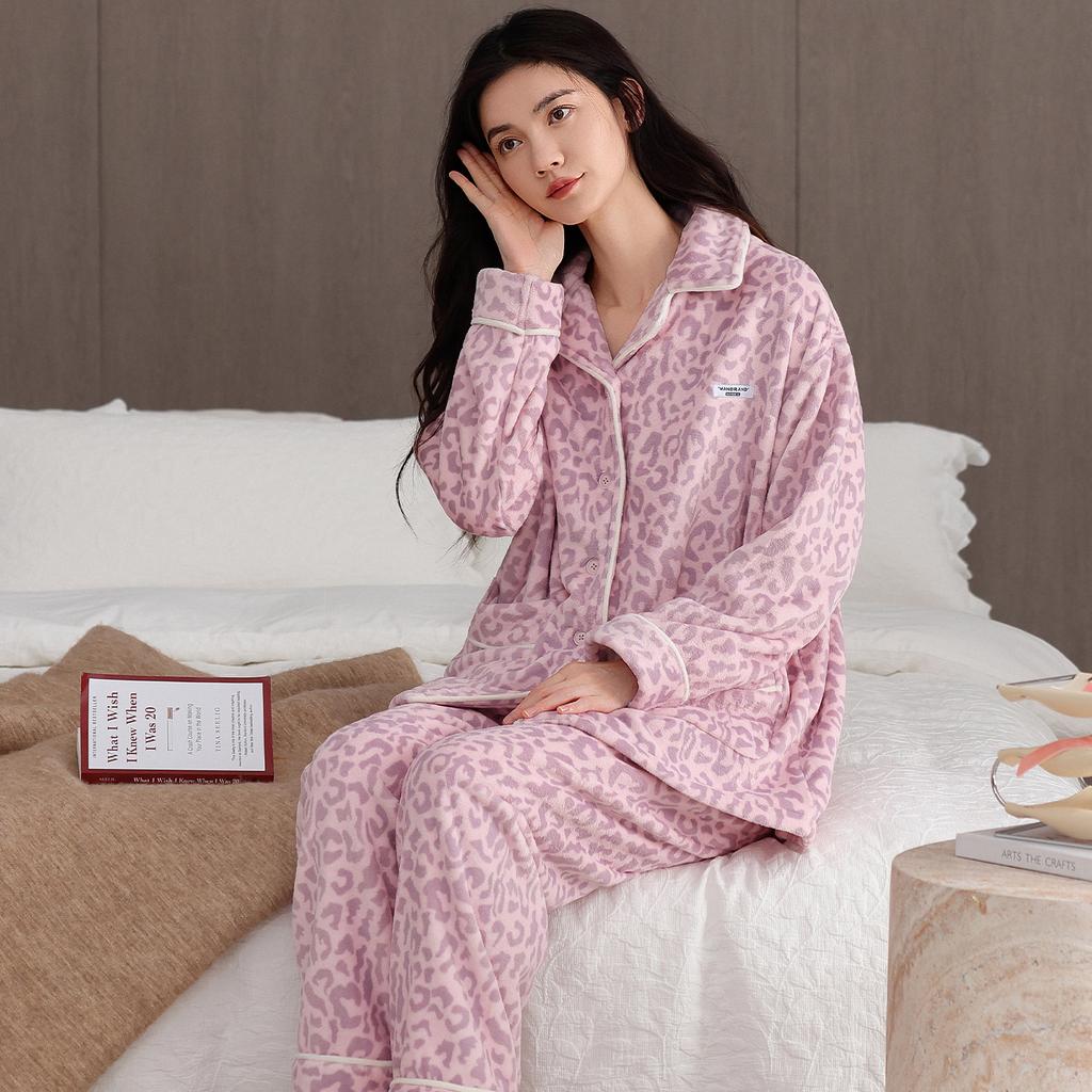 Flannel Pajamas Women'S Autumn And Winter Fleece Thickened Coral Fleece Warm Can Be Worn Outside Loungewear Set