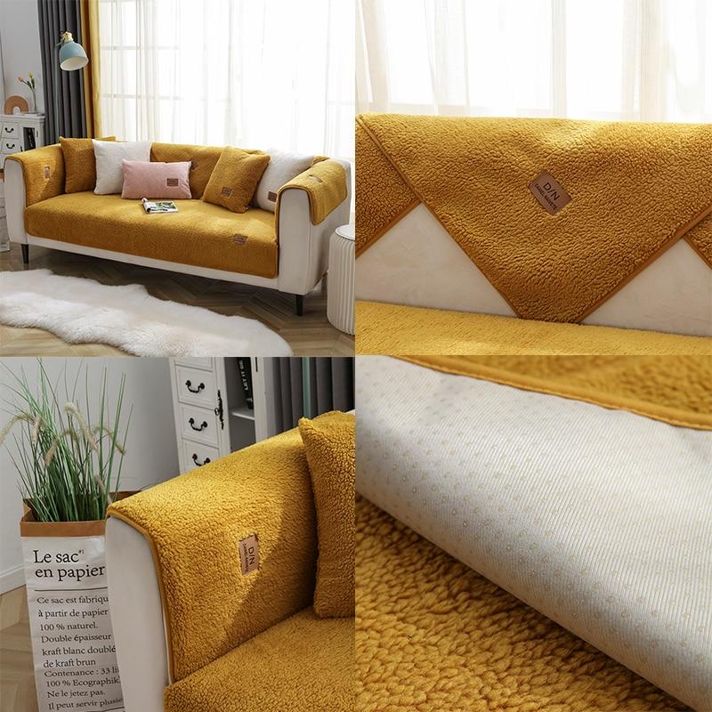 Lambswool Sofa Cushion Non-slip Leather Sofa Cover Cover Simple Winter Warm Thick Plush Cushion Cover Cloth
