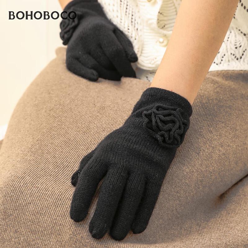 BOHOBOCO Women's 100% Cashmere Rose Pattern Winter Gloves