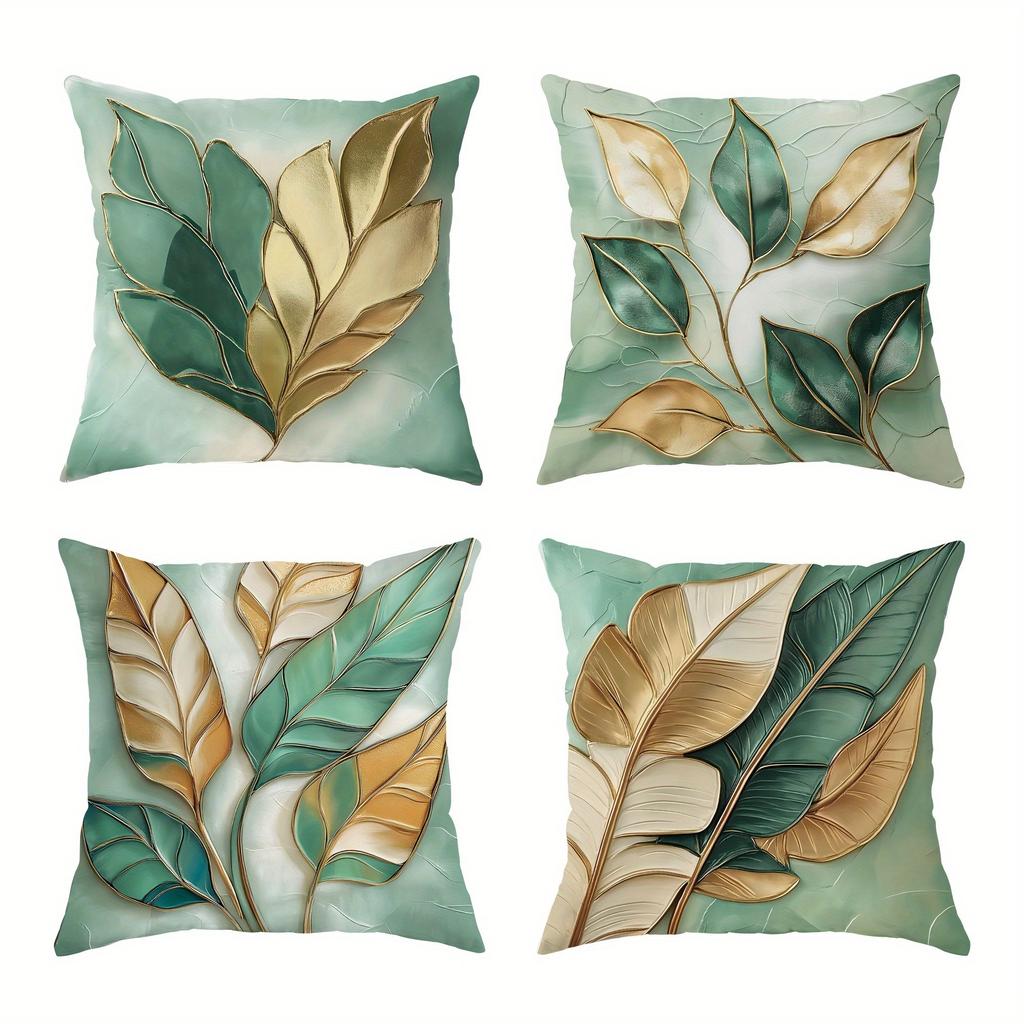 Elegant Green and Gold Leaf PillowcasesLiving Room Sofa Cushion Cover, Soft and Comfortable, Bedroom Room Decoration