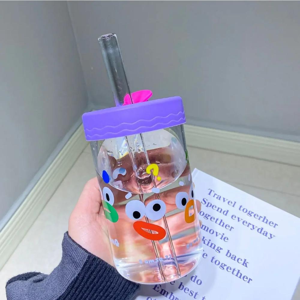 550ml Cute Kawaii Glasses With Lid and Straw Bubble Tea Cup Glass Cups For Coffee Mug Juice Can Milk Mocha Water Cup Drinkware