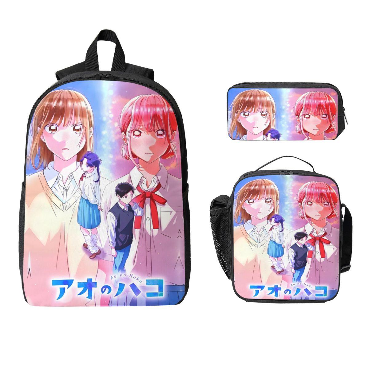Ensemble de Sac à Dos Hina Chono Boîte Bleue 3 Pièces pour Filles Garçons Trousse à Crayons Sacs d'École avec Boîte à Lunch pour Étudiants Sac à Dos de Jour