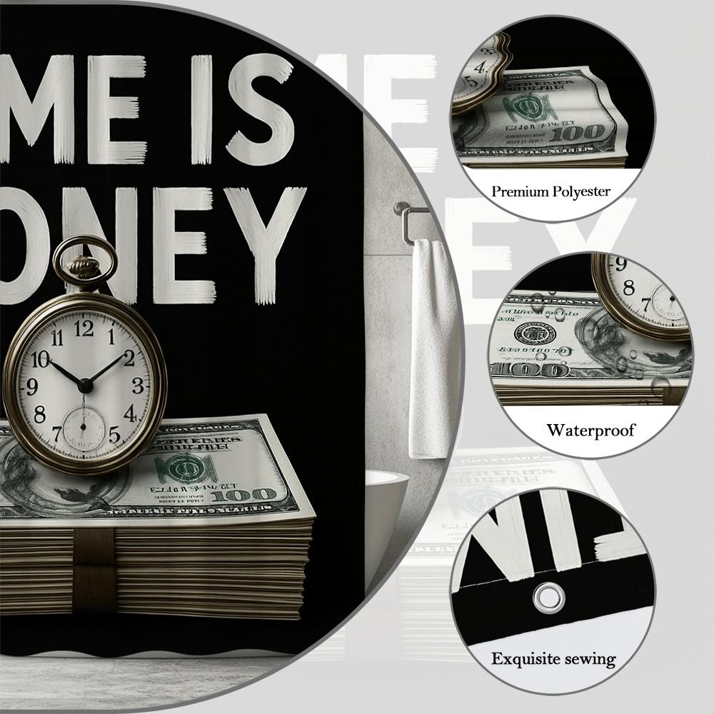 Time Is Money Shower Curtain Black Background Clock Stack Business Motivational Decor Waterproof Free Hooks Included Non-Toxic