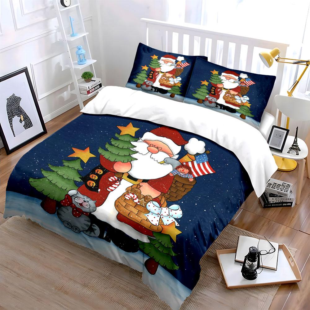 Santa and Cat Christmas Design Bedding Duvet Cover Set Duvet Cover Pillowcases (1*Duvet Cover 2*Pillowcases, Without Duvet Insert)