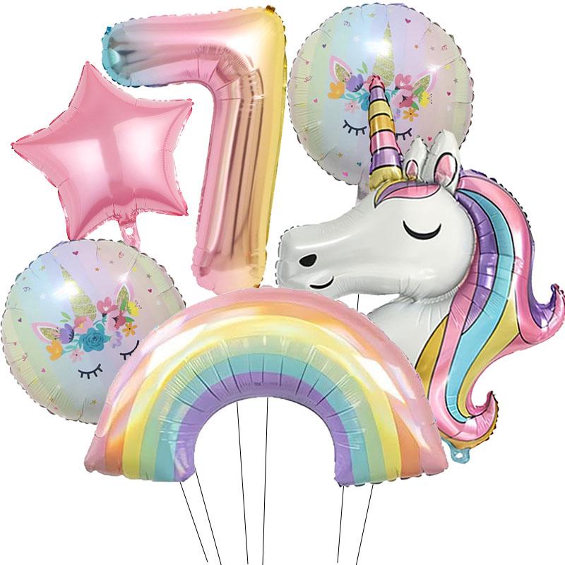 6pcs ainbow Unicorn Aluminum Balloon 32inch Gradient Number Balloon Unicorn Party Supplies Unicorn Party Decoration Baby Shower