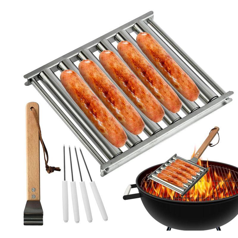 ABUL-Hot Dog Roller Stainless Steel Sausage Roller Rack With Wood Handle, BBQ Hot Dog Griller For Evenly Cooked Hot Dog
