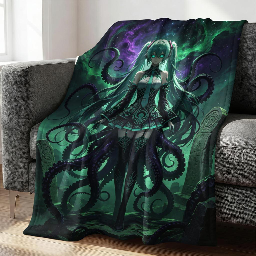 Hatsune Miku Cute Crayon Style Flannel Throw Blanket Gift for Anime Fan Summer Nap Throw Sofa Blanket Bed Cover Travel Blanket