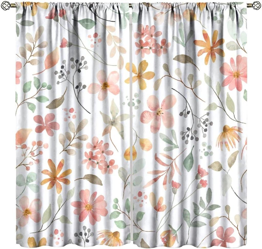 Floral Curta,Farmhouse Colorful Watercolor Wildflower Spring Flower Plant Botanical Pattern Decor Print Window Drapes For