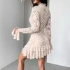 Sexy Lace Deep V Neck Long Sleeve Ruffle Hem Bodycon Dress