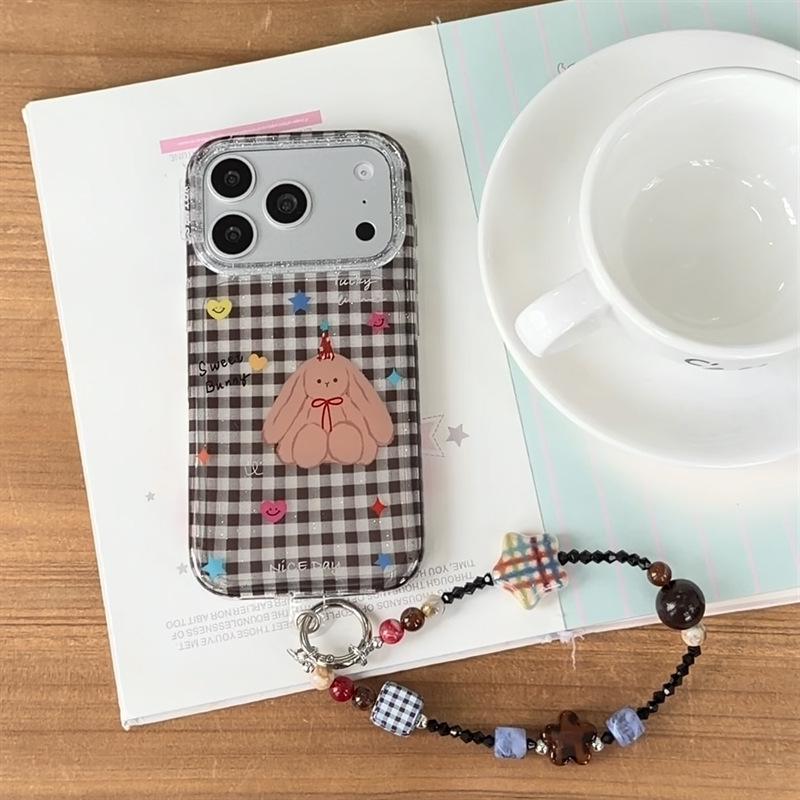 Custom Black Plaid Bunny Illustration Phone Case for iPhone 17/16 Pro Max/15/14