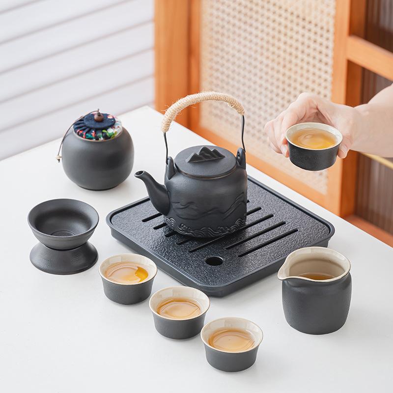 Shanhai Coarse Pottery Lifting Beam Pot, One Pot of Four Cups, Portable Tea Set for Outdoor Travel