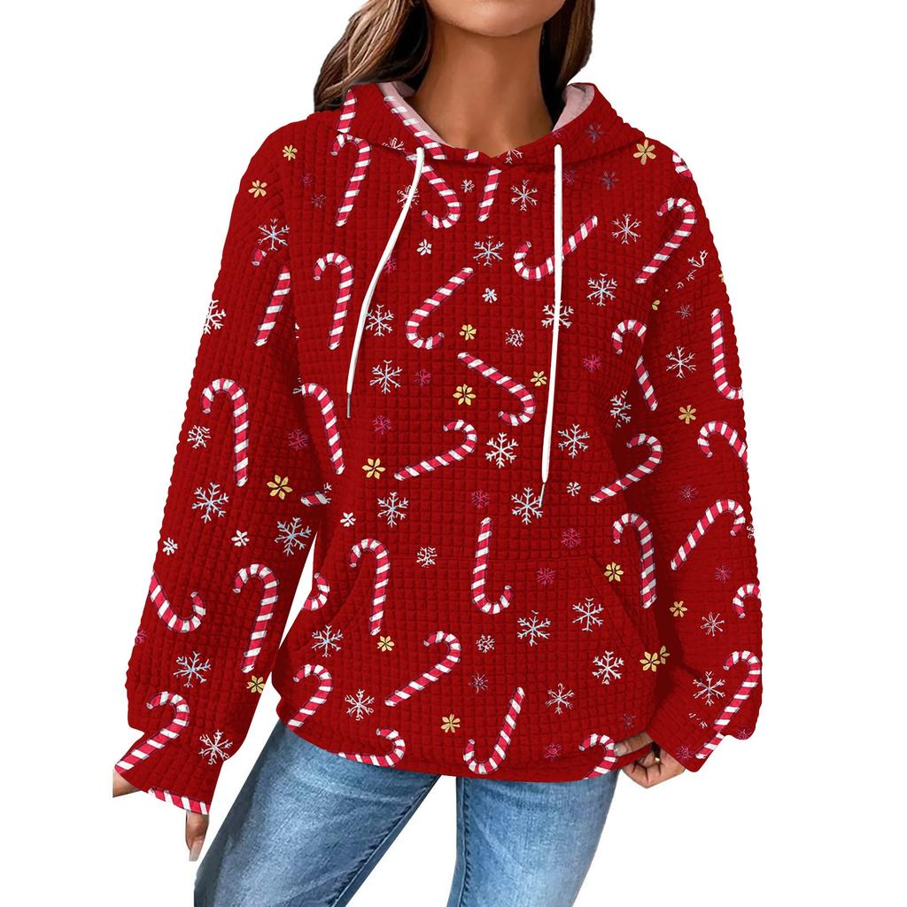 Mote løs hettegenser for kvinner, langermet genser med snøring, drop shoulder, lomme, topp med juleprint