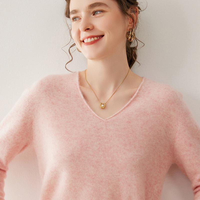 Women's V-Neck Solid Color Cashmere Sweater - Loose Fit, Soft Knit Pullover for Autumn/Winter