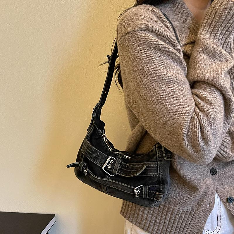 Y2K Washed Denim Shoulder Bag with Buckle Detail Zipper Closure Casual Underarm Purse for Daily Use