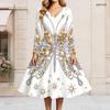 Women Plus Size V Neck Long Sleeve White Printed A Line Flared Dress With Tie Waist