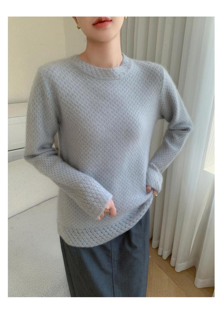 2025 Autumn/Winter Women's Thick Seven-Gauge Hollow-Out Semi-High Neck Cashmere Sweater Base Layer
