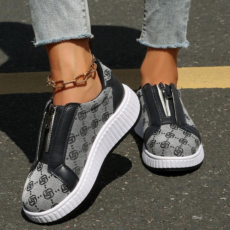 Women's Slip-On Flats, Front Zipper Canvas Casual Shoes, Plus Size Comfortable Loafers