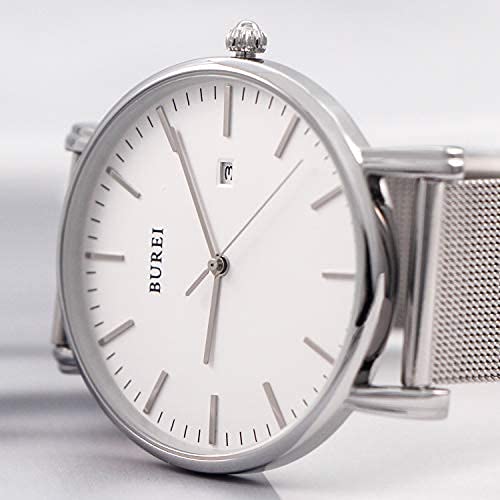 BUREI Men's Analog Quartz Watch, Waterproof, Date Display, Silver, Popular Brand, Simple and Stylish Business Watch with Milanese Mesh Strap [Parallel