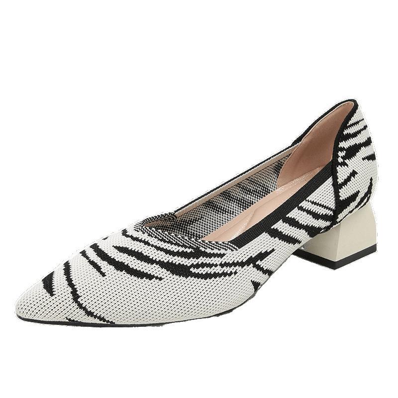 Flying Woven Single Shoes Temperament Fan Color Medium Heel Knitted Pointed Boat Shoes Single Thick Heel