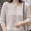 Autumn Women's Knitted Sweater Long Sleeve Design Loose Knitted Top V-Neck Medium Length Sweater