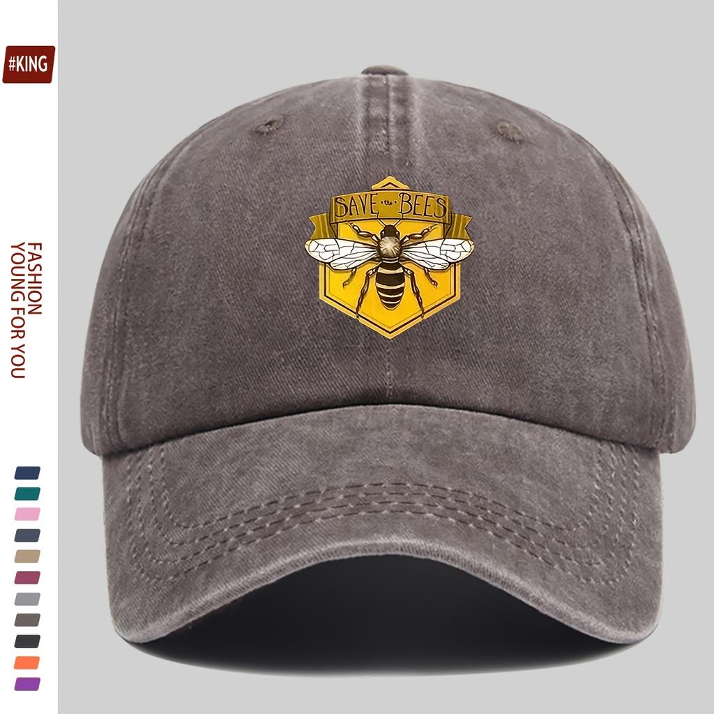 Retro bee patterned printed baseball cap with adjustable breathability and sun protection for street skateboarding couples