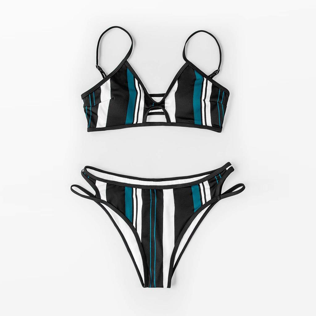 Women's Two Piece Striped Print Bikini Swimsuit Adjustable Straps V Neck Cut Out Design Bottoms Swimwear Set