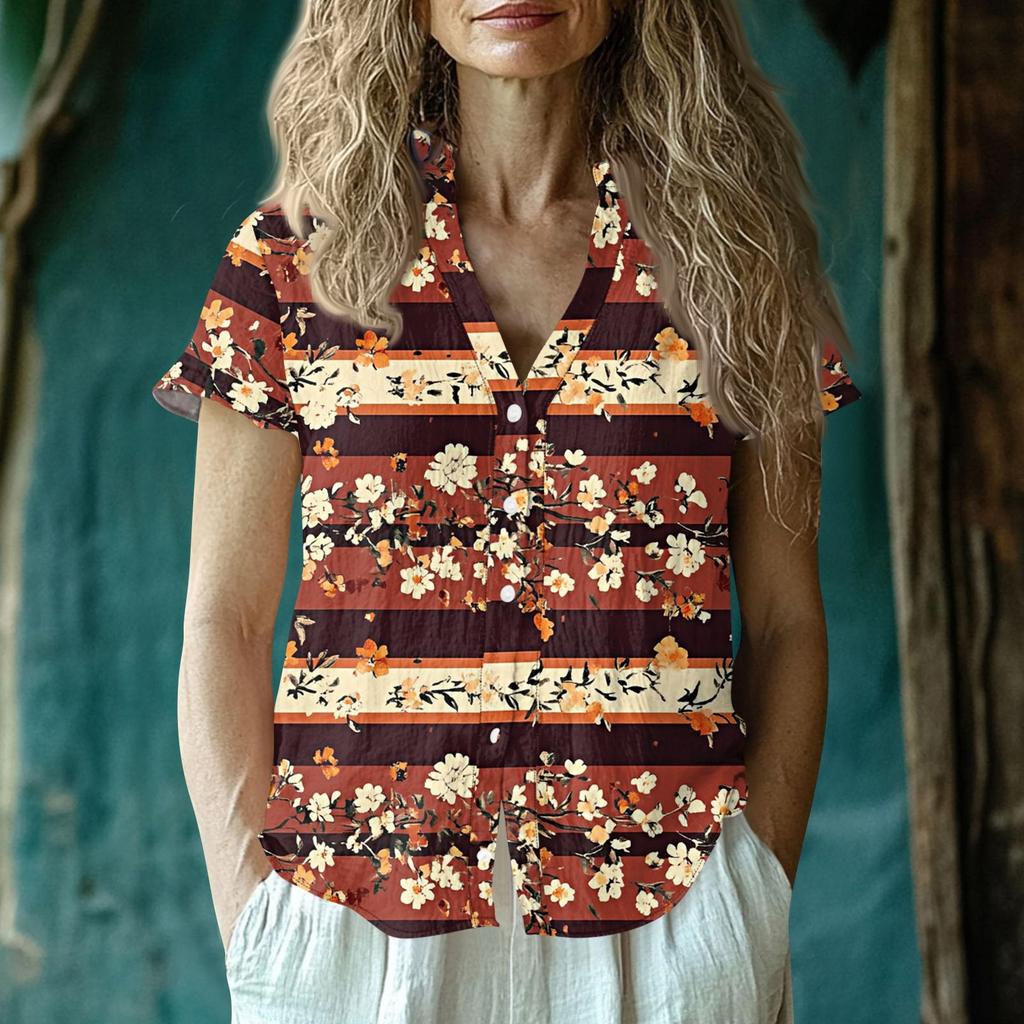 Women's Casual V-neck Short Sleeved Top, Printing T-shirt Shirt