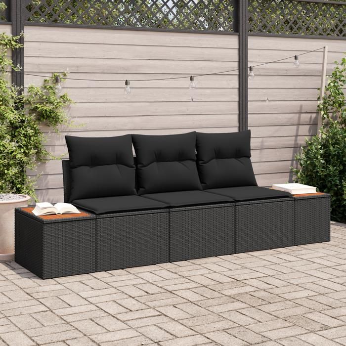 Canapé de jardin 3 pièces vidaXL avec coussins Noir poly rattan acacia 3356683