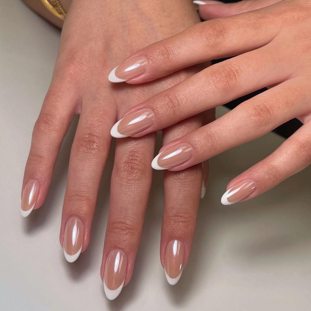 24 Pezzi Unghie Finte a Mandorla Lunga Bordo Bianco French Manicure Completa Semplice Indossabile