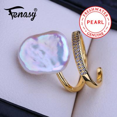 Grandes anéis de pérolas naturais barrocas de água doce para mulheres, moda feminina, zircônia cúbica, grande anel de pérola, presente