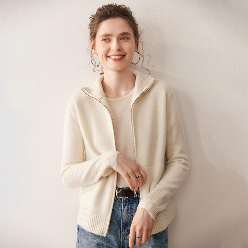 2025 A/W Women's Double-Layer Cashmere Stand Collar Cardigan Sweater with Zippers and Pockets
