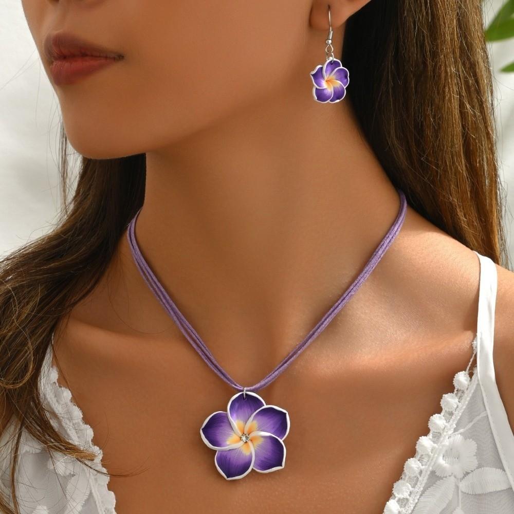 Soft Clay Plumeria Flower Jewelry Set Plumeria Flower Design Bohemian Style Flower Necklace Earrings Set Matching Earrings