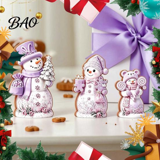 Christmas Gift for Kids 3PCS Snowman Wooden Ornaments, Decorative Cute Festive Figures, Pink And Purple Decor High-definition Printing Crafts Holiday