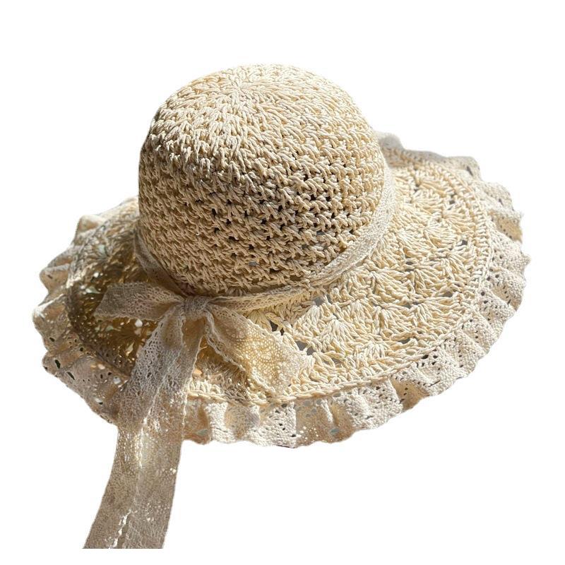 RH Female Lace Edge Foldable Crochet Straw Hat Summer Holiday Hollow Lovely Bow Flower Fringe Sunshade Beach Hat