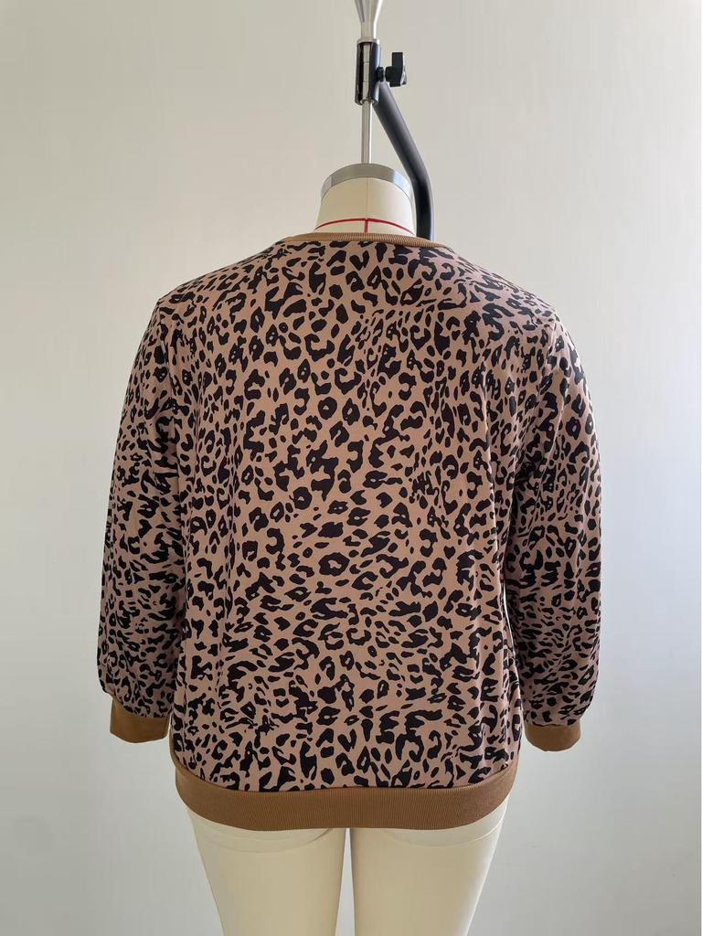 Übergröße Damen Sweatshirt mit Leopardenmuster - Europäischer & Amerikanischer Stil, Rundhalsausschnitt, Langarm-Pullover-Oberteil