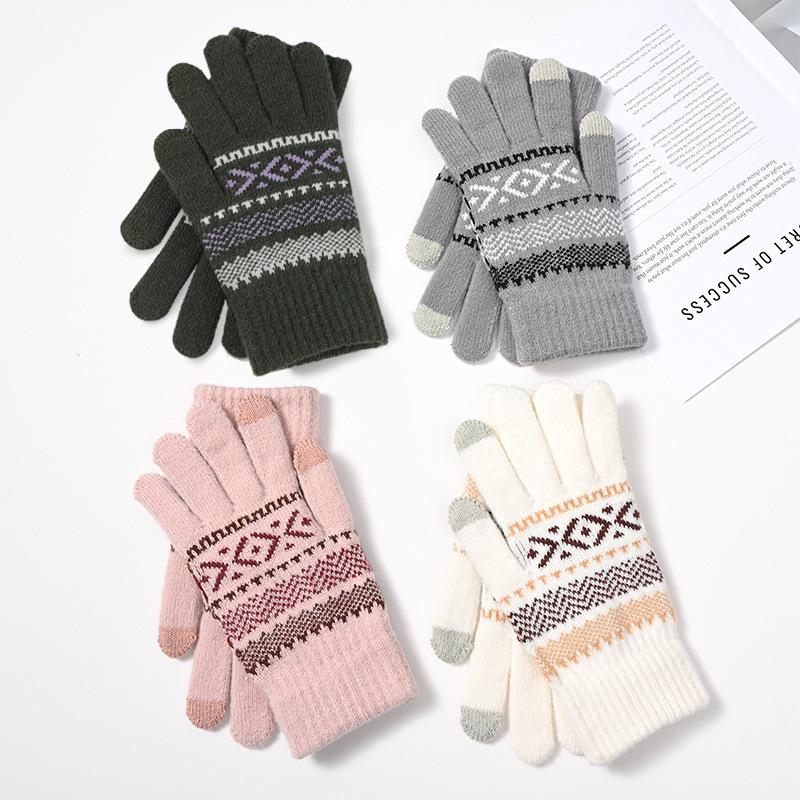 Winter Double layer Thickened Knitted Gloves Plus Velvet Men and Women Warm Gloves Cycling Contrasting Striped Windproof Touch Screen Gloves